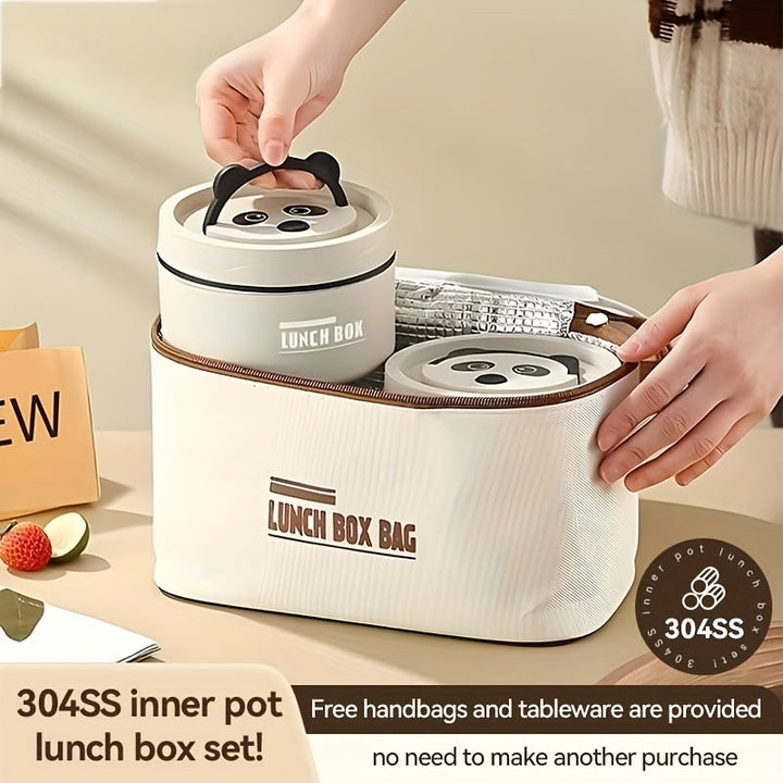 Conjunto de almuerzo de acero inoxidable 5 en 1 de LDQ con cajas de bento seguras para microondas y bolsa de transporte - Diseño lindo de panda, aislado y hermético, perfecto para la escuela, el trabajo y los viajes, caja de almuerzo, regreso a la escuela