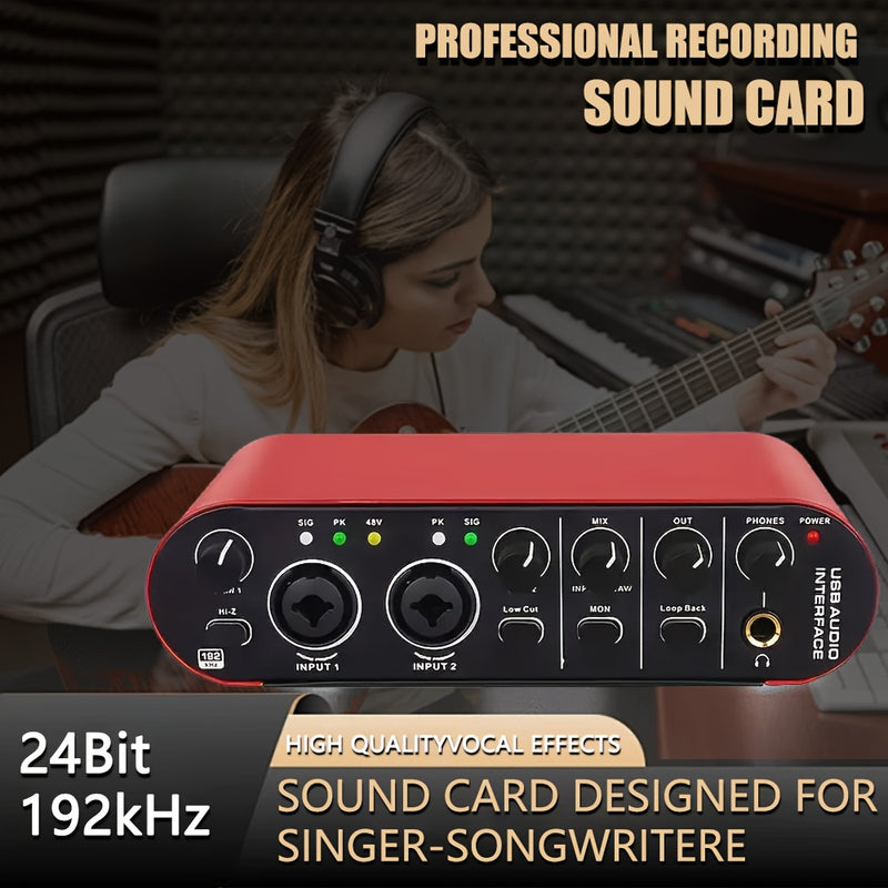 Interfaz de Audio USB Profesional con Grabación HD 24Bit/192kHz - Para Guitarra Eléctrica, Estudio y Transmisiones en Vivo - Compatible con Laptop, MacBook, PC - Diseño Compacto con Controles de Volumen - Plug-and-Play, Sin Controladores Necesarios - Equ