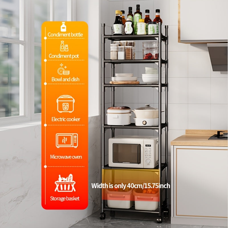 Carro de almacenamiento metálico ajustable de 6 niveles con ruedas y ganchos - Organizador multifuncional para cocina, dormitorio, baño y habitación de lavandería - Diseño que ahorra espacio para almacenar botellas de especias, utensilios, etc. | Estilo