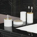 Juego de 4 accesorios modernos para baño: portacepillos de plástico, jabonera, vaso para enjuague bucal y botella con bomba de loción con diseño rayado y tapa de bambú, decoración para el cuarto de baño