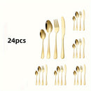 24 piezas de cubertería de acero inoxidable dorado, kit de cubiertos con tenedores, cuchillos, cucharas para hogar, restaurante, apartamento - Utensilios de cocina versátiles para Navidad, Halloween, Pascua, Janucá, Acción de Gracias