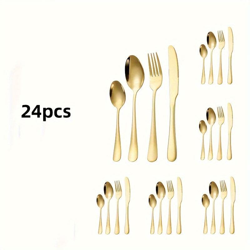 24 piezas de cubertería de acero inoxidable dorado, kit de cubiertos con tenedores, cuchillos, cucharas para hogar, restaurante, apartamento - Utensilios de cocina versátiles para Navidad, Halloween, Pascua, Janucá, Acción de Gracias