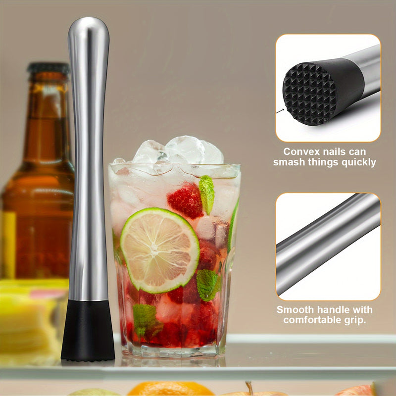 3 piezas de acero inoxidable, juego de mezcladores de cócteles, accesorios de bar con muddler de hielo, cuchara para revolver, taza de medición recta y abridor de botellas, kit de herramientas de bar duraderas para uso doméstico y profesional