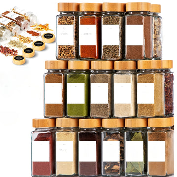 Juego de frascos de vidrio herméticos para especias, 6/12/24 piezas, con tapas dosificadoras, botellas de 4.3 oz con tapas de bambú y embudos de silicón, set novedoso para organizar la cocina
