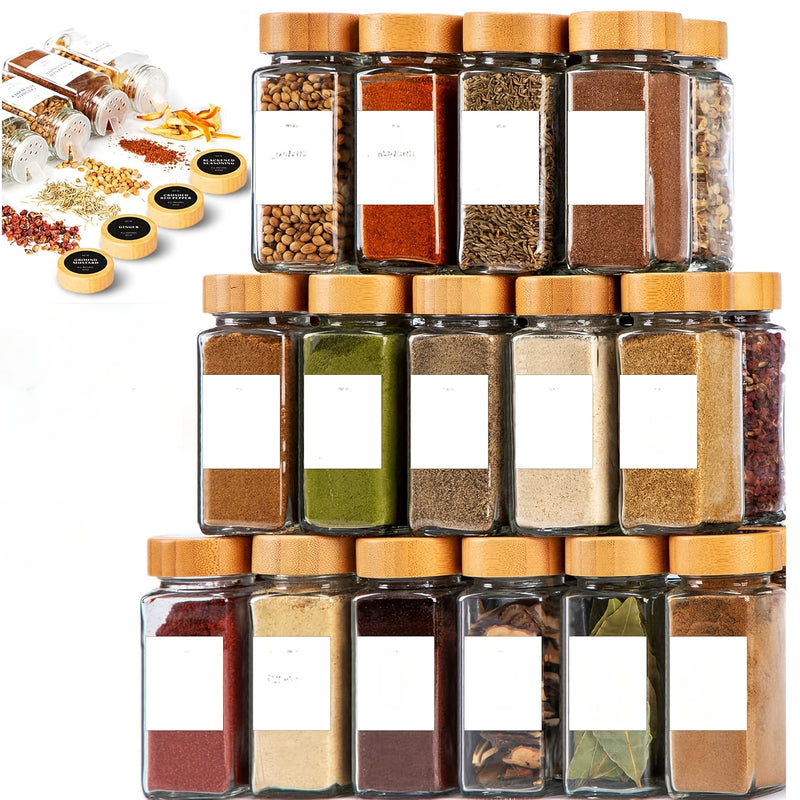 Juego de frascos de vidrio herméticos para especias, 6/12/24 piezas, con tapas dosificadoras, botellas de 4.3 oz con tapas de bambú y embudos de silicón, set novedoso para organizar la cocina