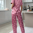Pijama de manga corta con cuello estampado de corazones y pantalón largo, conjunto para estar en casa