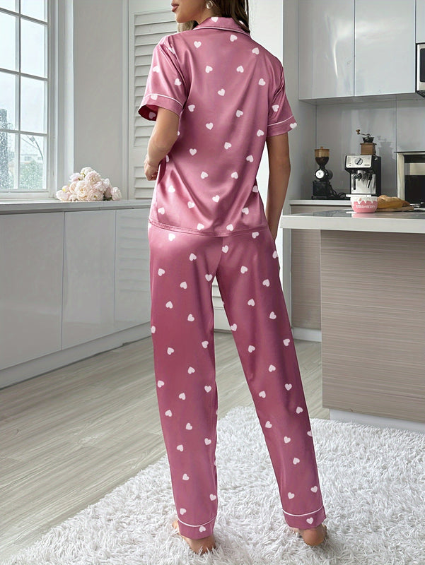 Pijama de manga corta con cuello estampado de corazones y pantalón largo, conjunto para estar en casa