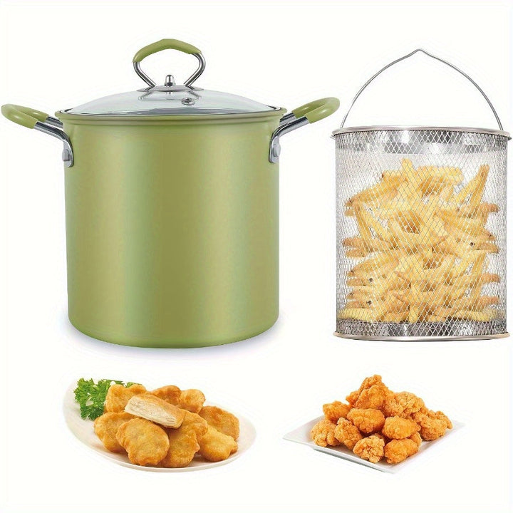 Freidora de Acero Inoxidable de Gran Capacidad con Colador de Malla, Tapa y Asas de Silicona - Antiadherente, Diseño Ahorrador de Aceite Perfecto para Papas Fritas, Pollo, Verduras, Huevos y Pasta, Utensilios de Cocina|Diseño de Doble Asa|Acabado Resiste