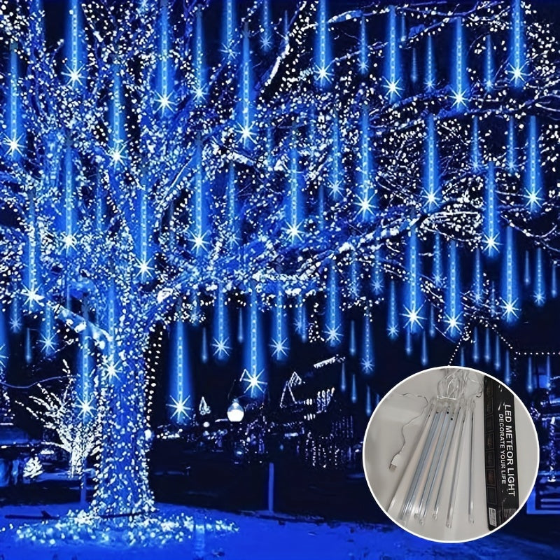 Cadena de Luces de Lluvia de Meteoros con Alimentación USB AMill - 8 Tubos, Plástico, 36V y Menos, Incluye Bombillas, Perfecta para Navidad, Halloween, Bodas, Cumpleaños, Decoraciones Festivas al Aire Libre, Ideal para Patios, Jardines, Calles, No Requie