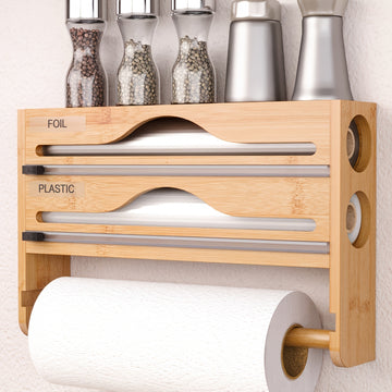 Organizador de cocina con cortador de papel film y soporte para papel - Solución de almacenamiento tres en uno: dispensador de papel encerado, rollos de papel encerado y aluminio - Ahorra espacio con portarrollo de plástico y dispensador de envoltura