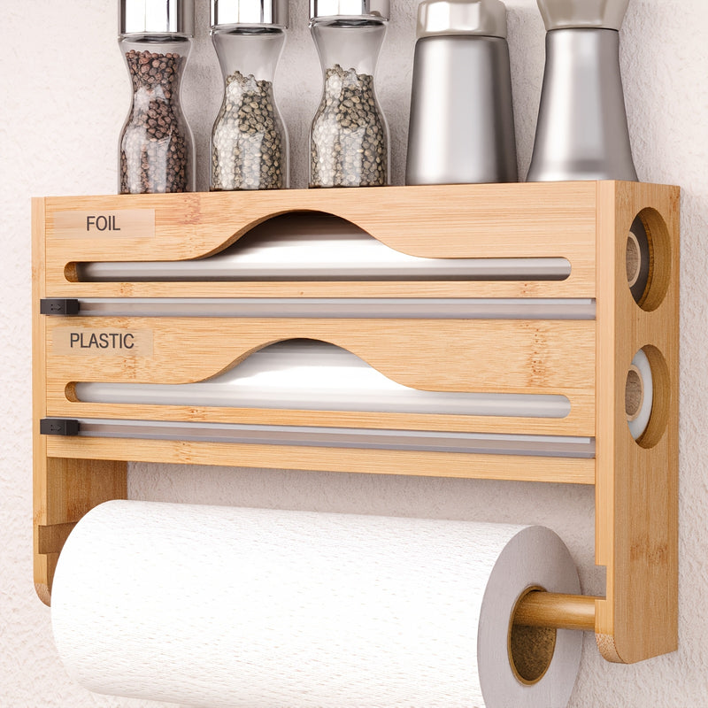 Organizador de cocina con cortador de papel film y soporte para papel - Solución de almacenamiento tres en uno: dispensador de papel encerado, rollos de papel encerado y aluminio - Ahorra espacio con portarrollo de plástico y dispensador de envoltura