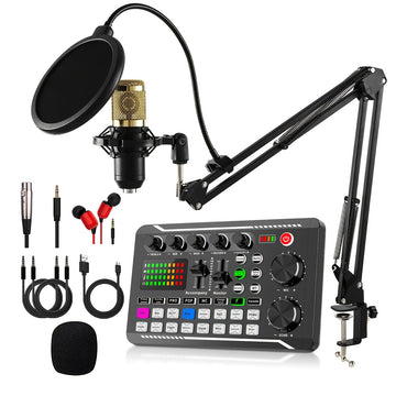 Set profesional de mezcladora de audio F998, estudio de podcast integrado, incluye micrófono condensador de alta calidad con soporte, alimentación dual USB/batería, compatible con PC, laptop y smartphone para grabación de juegos, transmisión en vivo y ex