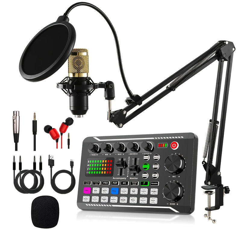 Set profesional de mezcladora de audio F998, estudio de podcast integrado, incluye micrófono condensador de alta calidad con soporte, alimentación dual USB/batería, compatible con PC, laptop y smartphone para grabación de juegos, transmisión en vivo y ex
