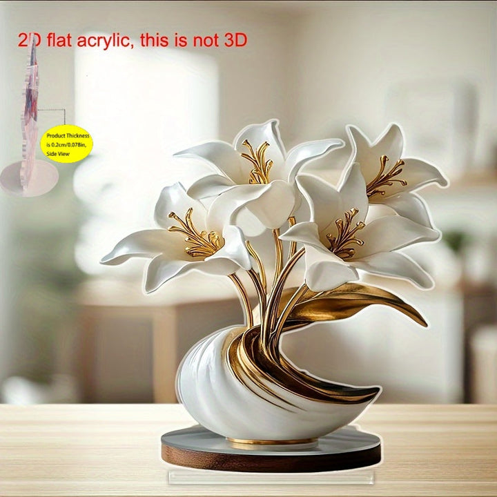 Estatuilla Decorativa Plana en 2D | Adorno de Flor de Lirio y Jarrón de Acrílico - Elección Ideal para Dormitorio, Sala de Estar y Oficina | Adecuado para Hogar, Café, Boda, Aniversario, Ceremonia de Graduación