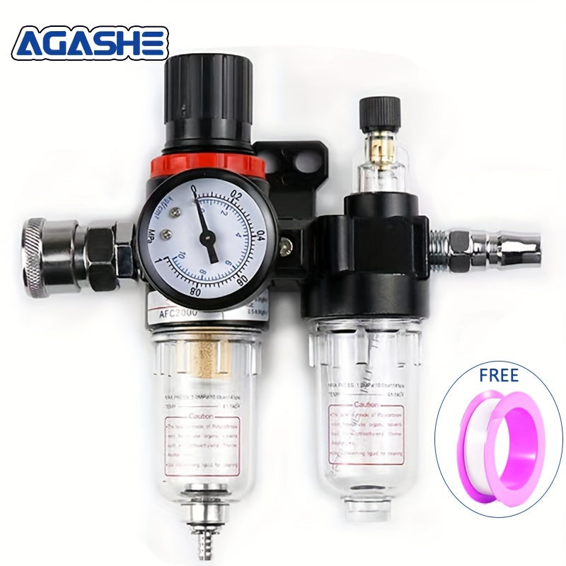 AGASHE 1 Juego AFC-2000 Separador de aceite y agua para compresor de aire, kit de regulador de presión con manómetro, conector rápido y taza de lubricación, filtro de herramientas neumáticas, válvula deshumidificadora de compresor.