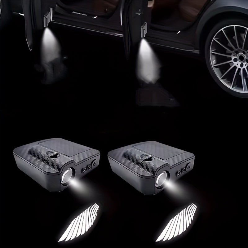 2 luces de bienvenida para auto, sin cables, estilo fibra de carbono, con sensor infrarrojo, proyectores de logo para iluminación del piso, luces ambientales, modernas y prácticas, decora tu auto