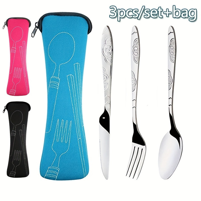 Juego de 3 piezas de cubiertos portátiles, cuchillo, tenedor y cuchara de acero inoxidable con estampado, para camping, barbacoa y uso familiar, incluye bolsa