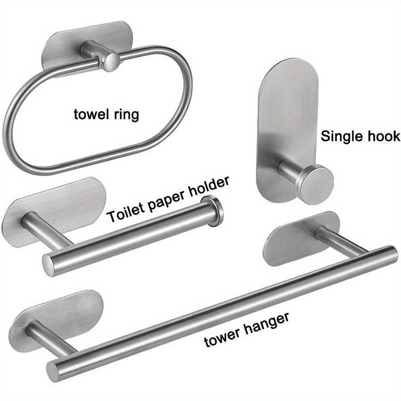 Juego de 4 piezas de accesorios para baño de acero inoxidable, portarrollos de papel higiénico y toallero montados en la pared, resistentes al óxido, sin necesidad de taladrar, fácil instalación, diseño moderno y elegante para baños contemporáneos