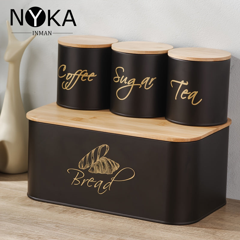 Juego de cuatro tarros para pan, azúcar y café con anillos selladores y tapas de bambú. Tapa de bambú utilizable como tabla de cortar y lavable - Ideal para Navidad/Pascua/picnics al aire libre