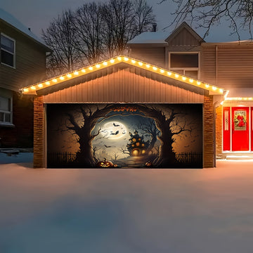 Decoración de Puerta de Garaje de Halloween con Calabaza y Castillo de Murciélagos - 1pc Tapiz Colgante de Poliéster, Banderín Festivo para Ambiente de Jardín