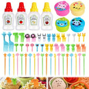 Juego de accesorios para el almuerzo de 58 piezas, tenedor de frutas con animales de dibujos animados, botella exprimible para condimentos, decoración para la caja de almuerzo, material ABS, accesorios divertidos para comer, suministros de cocina para us