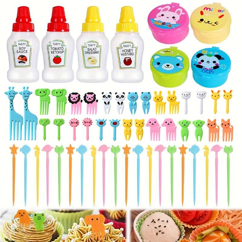 Juego de accesorios para el almuerzo de 58 piezas, tenedor de frutas con animales de dibujos animados, botella exprimible para condimentos, decoración para la caja de almuerzo, material ABS, accesorios divertidos para comer, suministros de cocina para us