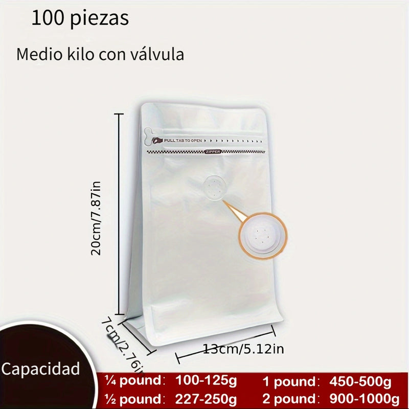 100pcs Bolsas de Café Autoadhesivas a Prueba de Fugas con Válvula Unidireccional - Perfectas para Almacenamiento de Granos, Frutos Secos, Frutas Secas y Té