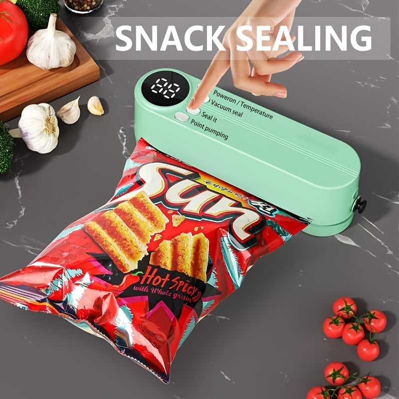 1 máquina de sellado de vacío portátil recargable con carga USB, sistema de almacenamiento y empaque de alimentos eléctricos de mano para papas fritas, snacks, galletas y más, incluye bomba de aire y múltiples bolsas de sellado.