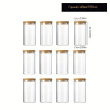 Doce recipientes de almacenamiento de granos, café y mora de vidrio de alta borosilicato de 210ml/280ml/340ml con tapa redonda de madera transparente.