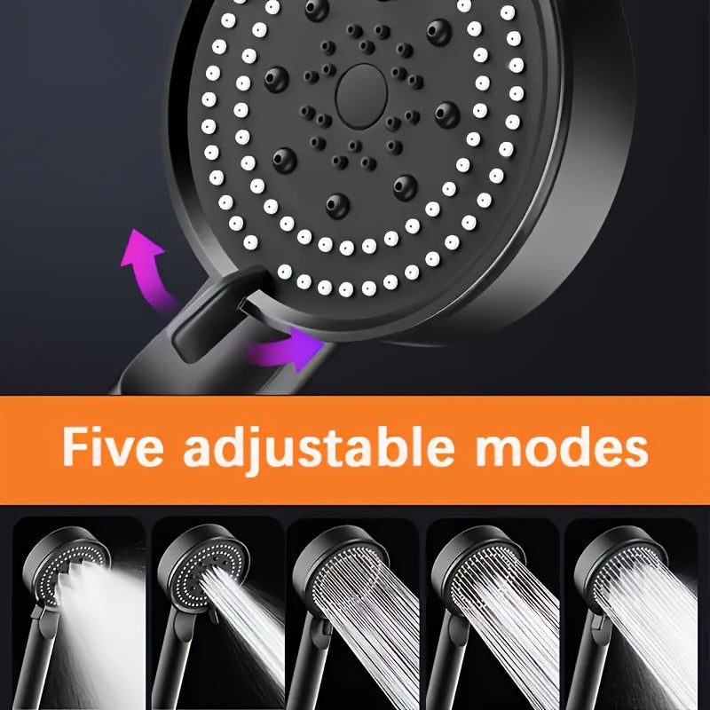Cabezal de Ducha de Alta Presión con 5 Modos y Soporte Ajustable - Montado en la Pared, Manillar, Flujo de Agua Potente, Diseño Redondo, Accesorio de Baño