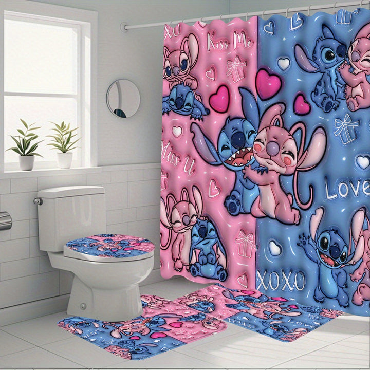 Juego de cortina de ducha confeccionada de 4 piezas incluye cortina de ducha, alfombra antideslizante, asiento de inodoro y tapete en forma de U - Diseño dulce de dibujos animados para crear tu baño soñado