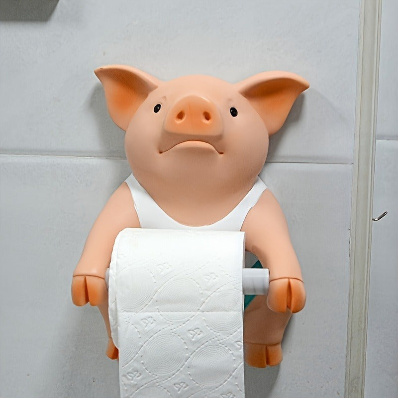 1pc Lindo soporte de papel higiénico de cerdo, dispensador de rollo de papel de resina, montaje en pared autoadhesivo, para baño