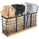 1pc Soporte Ajustable de Utensilios de Cocina de Hierro con 4 Compartimentos, Soporte de Metal Negro Mate con Base de Madera, Organizador de Almacenamiento de Utensilios de Cocina Estilo Granja para Encimeras, Accesorios de Cocina