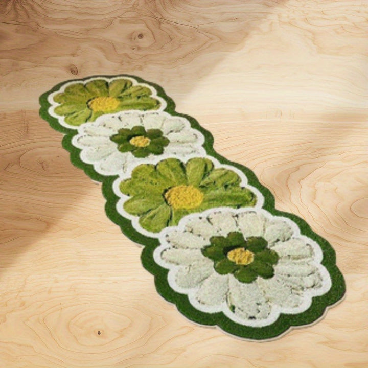1pc Alfombra de Goma Antideslizante con Diseño de Margaritas Verdes y Blancas, Fibra de Poliéster, Ideal para Protección de Pisos de Dormitorio, Cocina o Baño, Alfombra Decorativa para Piso | Alfombra de Baño | Alfombra de Goma Antideslizante