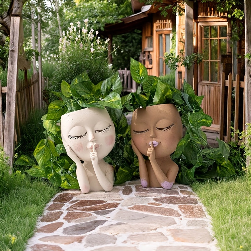 1pieza Resina Artesanías Gran Niña Susurrante Maceta Jardín Rural Hogar Sala de Estar Decoración Interior Exterior Estatua de Artesanía Hecha a Mano Pura Diseño Exquisito Estilo Europeo y Americano Ornamento para el Hogar