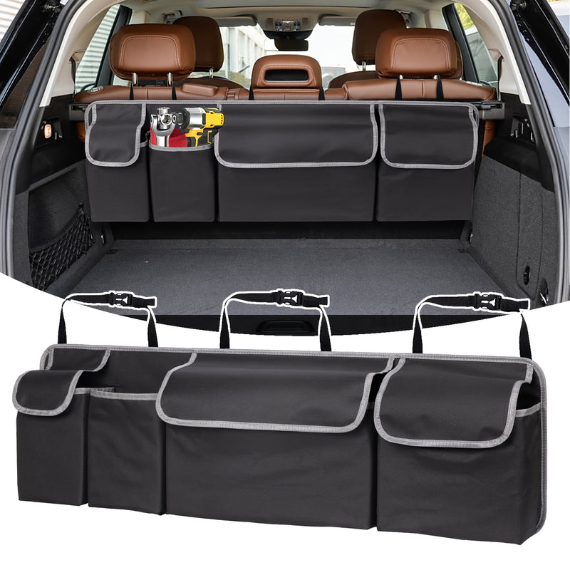 Organizador de maletero de coche con 4 bolsillos y 3 tapas separadas - Accesorios de carga plegables, material duradero de poliamida, almacenamiento multi-cámara para asiento trasero y maletero, organización de vehículos, cierre de cremallera seguro
