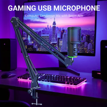 Microfono USB, Micrófono Condensador RGB con Brazo Boom Plug & Play, Kit de Microfonía Metálico Cardioid para PC y Computadora con Sonido Profesional para Grabación, Gaming y Canto, Incluye Filtro Anti-Pop