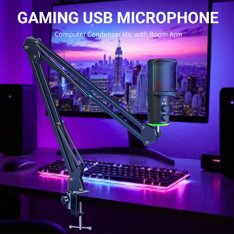 Microfono USB, Micrófono Condensador RGB con Brazo Boom Plug & Play, Kit de Microfonía Metálico Cardioid para PC y Computadora con Sonido Profesional para Grabación, Gaming y Canto, Incluye Filtro Anti-Pop