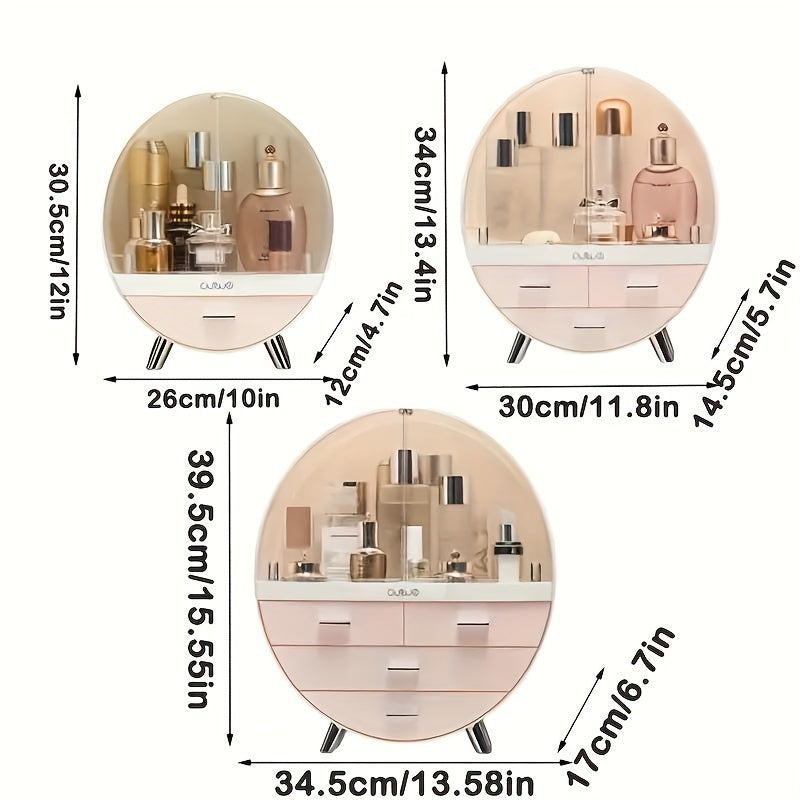 Organizador de cosméticos redondo con cajones, caja de almacenamiento de maquillaje de plástico de gran capacidad, estuche de tocador, elegante y que ahorra espacio para tocador y baño