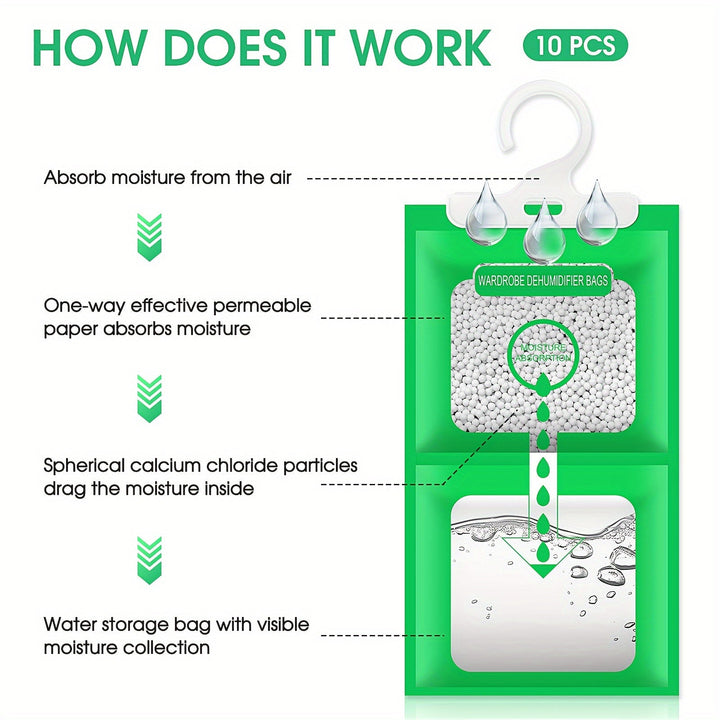 10 piezas de bolsas de desecante de gel de sílice verde - Absorbedor de humedad para armario interior de secado colgante, plástico, no necesita electricidad, operación estándar, ideal para almacenamiento y conservación, control de humedad | Almacenamient