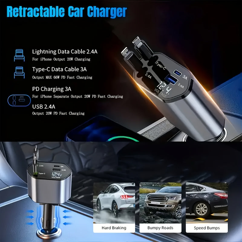 66W de Salida Máxima, Cargador Rápido para Auto con Cable Telescópico y 2 Puertos USB, Compatible con iPhone 15/15 Pro Max/14 Pro Max/13/12/11, Samsung, Xiaomi, Galaxy S23/22, Pixel