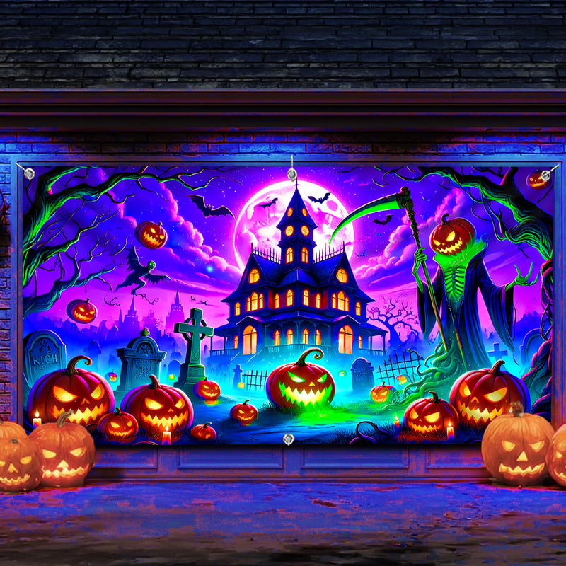 1pc Banderín UV que Brilla en la Oscuridad para Halloween - Diseño de Casa Encantada con Calabazas, Murciélagos y Lápidas, Decoración Grande de Tela Poliéster para Puertas de Garaje o Interiores/Exteriores, Sin Necesidad de Energía, Adornos Festivos, Amb