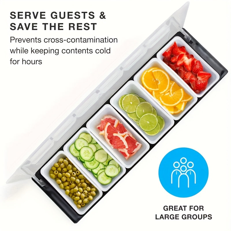 1 Juego de Bandeja para Especias con 6 Compartimentos y Tapa, Utensilios de Cocina para Cóctel Chef - Plástico Duradero, Ideal para Bares, Heladerías y Salserías | Suministros Esenciales para Bares y Restaurantes
