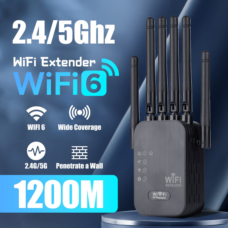 Repetidor de señal Wi-Fi, amplificador de red para el hogar, compatible con sistema WIFI6, doble banda de alta velocidad, 2.4GHz y 5GHz, fácil instalación, diseño de 6 antenas para cobertura estable en toda la casa, ideal para oficinas y bibliotecas