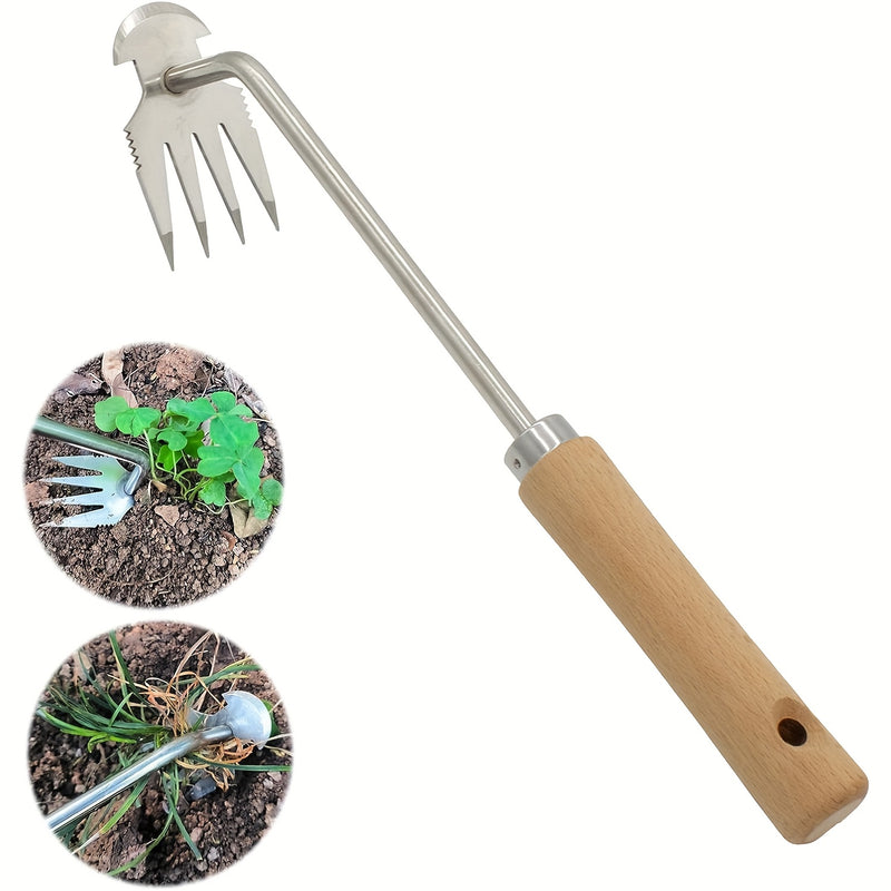 Pulidor de malezas manual de acero inoxidable con mango largo - Herramienta de desmalezamiento de jardín de doble propósito, diseño de 4 garras para la eliminación efectiva de raíces, mango de madera ergonómico para uso en jardines y granjas, eliminador