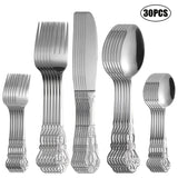 Juego de cubiertos de acero inoxidable con diseño retro grabado, 5/30 piezas, pulido espejo de alta gama, apto para lavavajillas, ideal para bodas, Navidad, San Valentín y regalos