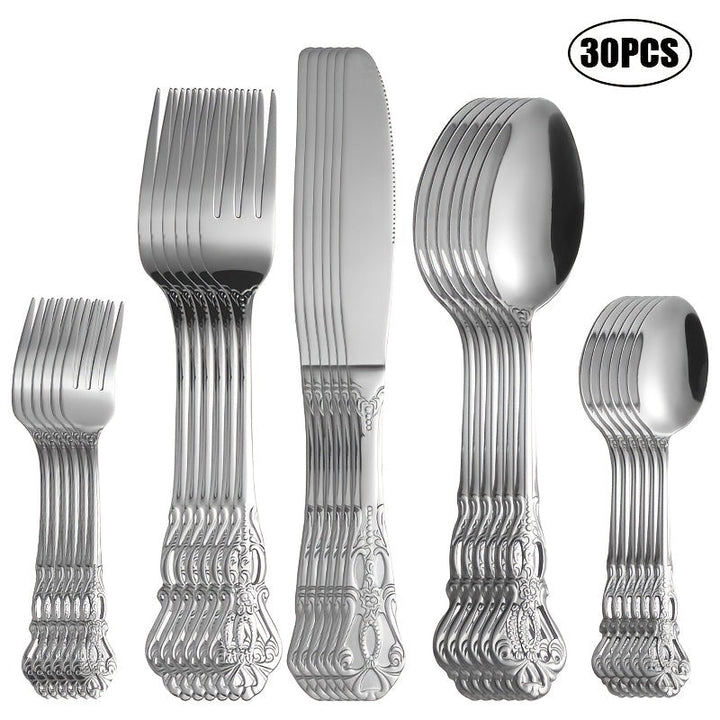 Juego de cubiertos de acero inoxidable con diseño retro grabado, 5/30 piezas, pulido espejo de alta gama, apto para lavavajillas, ideal para bodas, Navidad, San Valentín y regalos
