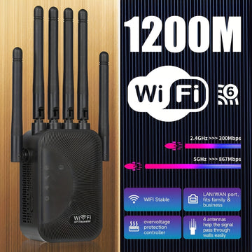 Extensor de WiFi Momoter - Amplificador de Señal con Puerto Ethernet, 6 Antenas (Cobertura 360°), Red Inalámbrica para Hogar/Oficina, Compatible con Smartphones, Tabletas y TVs Inteligentes, Enchufes US, Antenas Verticales, Electrónica de Alta Calidad