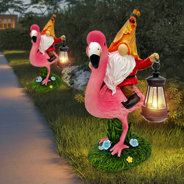 1pc Estatua de jardín de resina de flamenco con energía solar para Navidad con farol, decoración exterior de bajo consumo, control de conmutador, con batería de níquel de 80mAh, para exhibición festiva en interiores