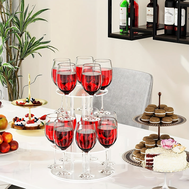 Soporte Elegante de 3 Niveles para Cócteles Transparente con Acrílico y 12 Porta Vasos - Exhibidor de Copas de Champán de Dos y Tres Pisos, Ideal para Fiestas y Eventos